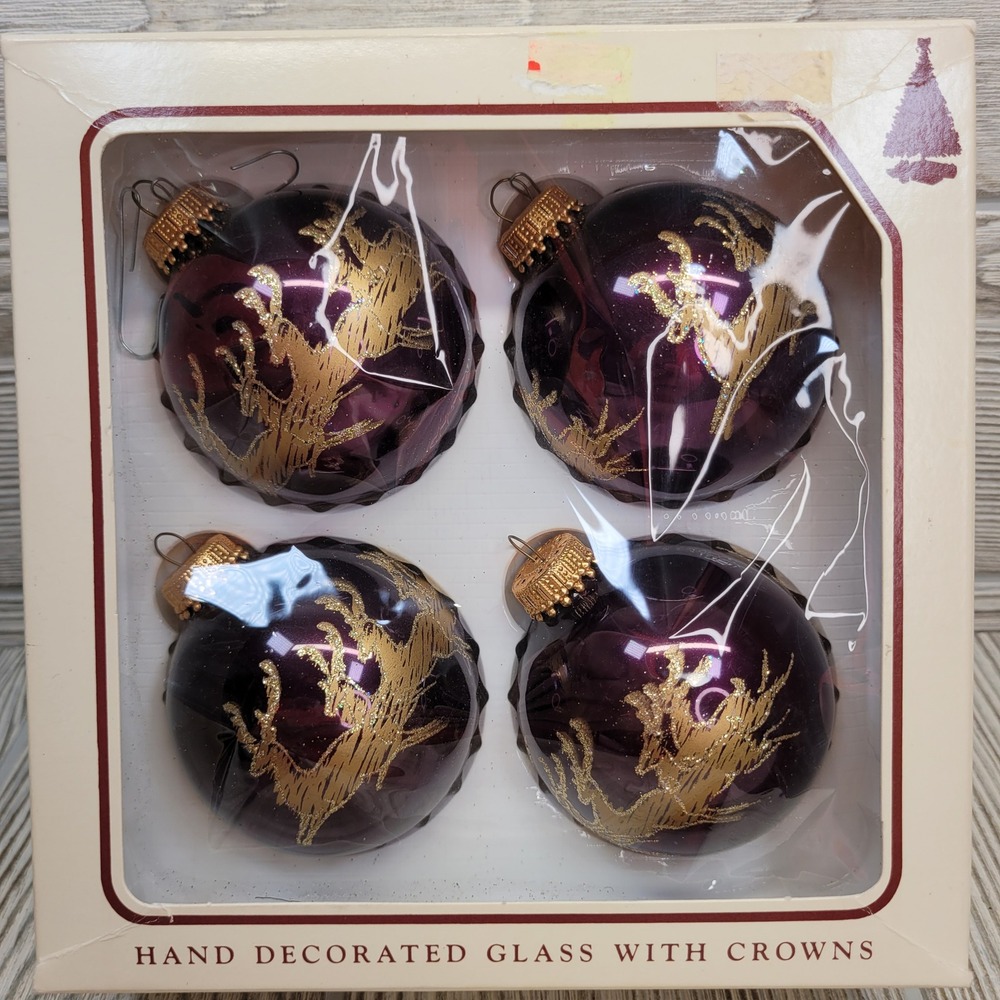 4 Krebs Glass Christmas‎ Ornaments Reindeer Scene Purple Gold Hand Painted Vtg